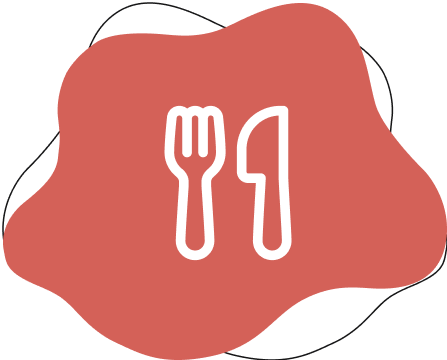 Fork and knife icon on red background.