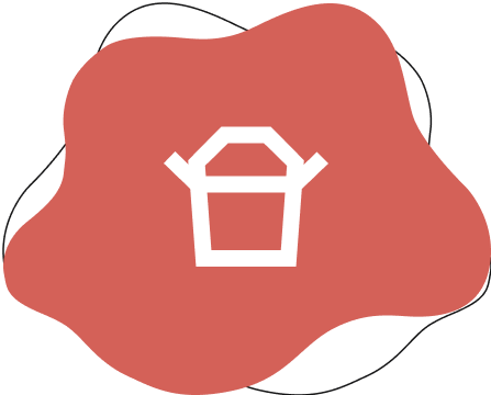 White takeout box icon on red shape.