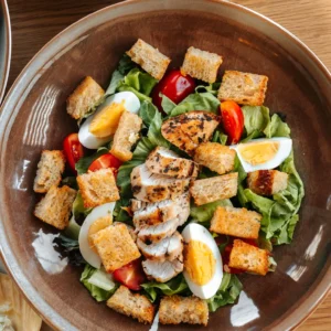 A fresh salad with grilled chicken, boiled eggs, croutons, and cherry tomatoes.