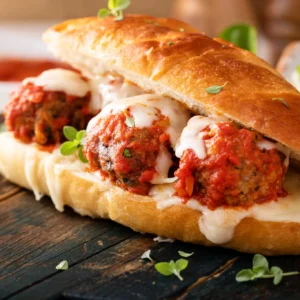 Meatball sub sandwich with marinara sauce and melted cheese.