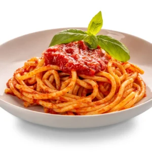 Plate of spaghetti with tomato sauce and basil.